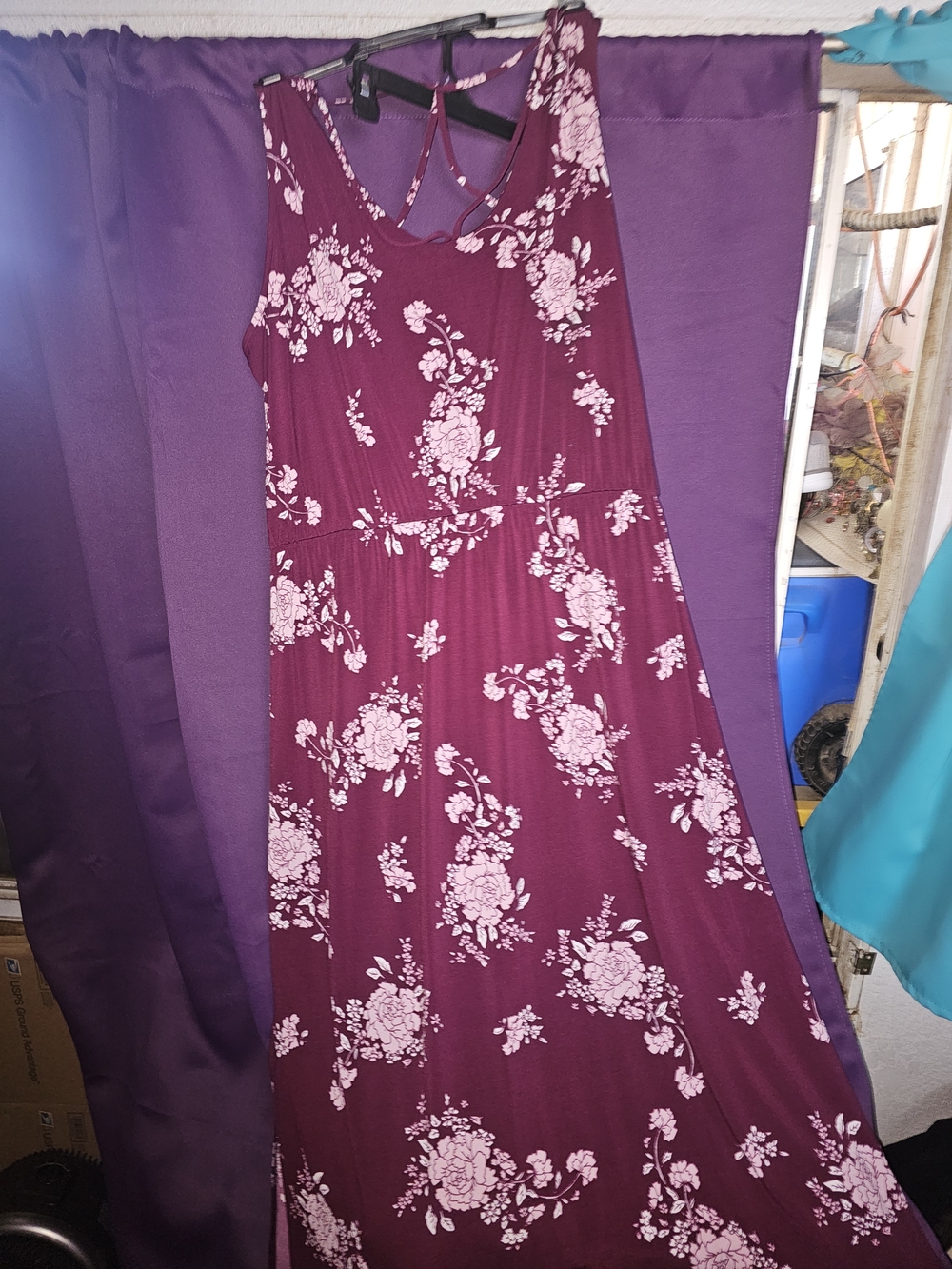 Maurices Burgundy Floral Maxi Dress with Light Pink Blooms